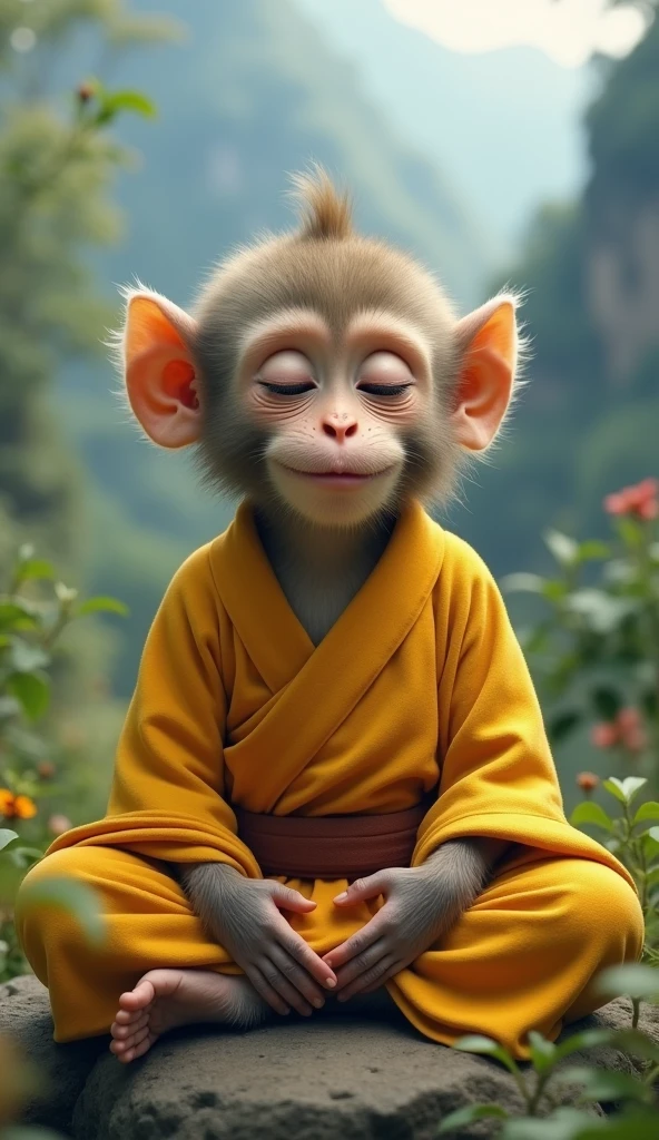 Young monkey meditate look like monk yellow shirt and smile