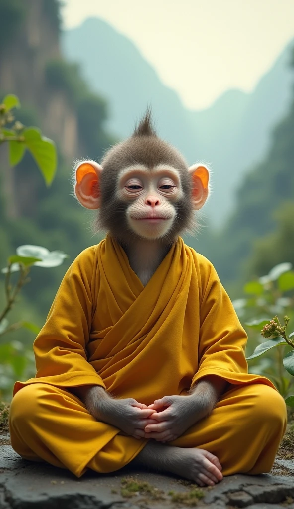 Young monkey meditate look like monk yellow shirt and smile
