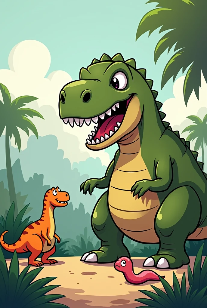 make a drawing about the story, em forma de charge: The big, fat dinosaur is laughing while the smaller, weaker dinosaur has a sad expression. The worm is watching in the background.