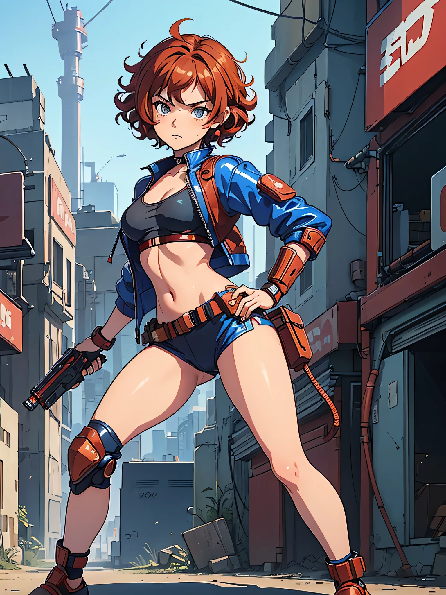 (masterpiece), (best quality),(1 girl),adult, red copper hair,(brown eyes),curly hair,(short curly hair), anime style, freckles, (small breasts),(petite figure), (blue outfit),(cyberpunk clothes)),(battle outfit),(badass outfit),legs, desert background