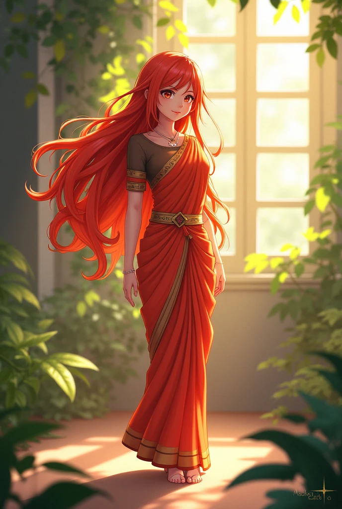(2d animated:1.2), pyro archon murata, standing, wearing sari indian style, red flaming hair, outside, soft lighting, plants in background, window with sunlight, , relaxed pose, 2d animated, flat details, use style from genhin impact pyro archon model like https://beebom.com/wp-content/uploads/2024/07/mavuika-pyro-archon-genshin-impact.jpg?quality=75&strip=all