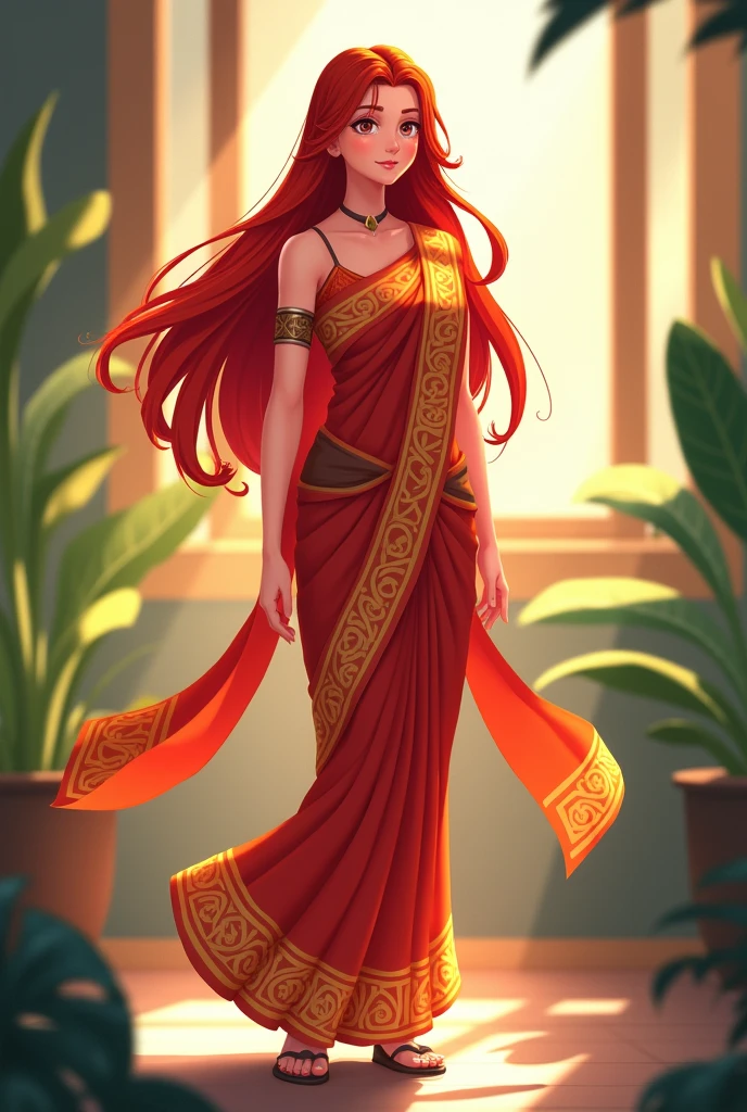 (2d animated:1.2), pyro archon murata, standing, wearing sari indian style, red flaming hair, outside, soft lighting, plants in background, window with sunlight, , relaxed pose, 2d animated, flat details, use style from genhin impact pyro archon model like https://beebom.com/wp-content/uploads/2024/07/mavuika-pyro-archon-genshin-impact.jpg?quality=75&strip=all