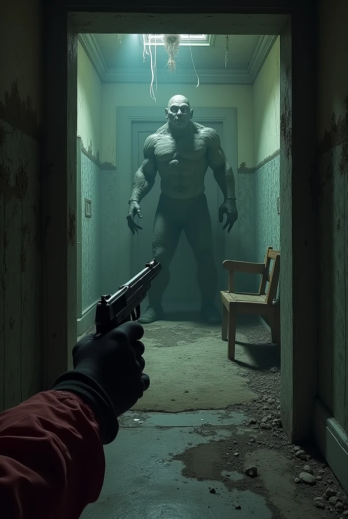 abandoned mansion, first person perspective with a pistol in hand, finds monster Brutamonte with doll face