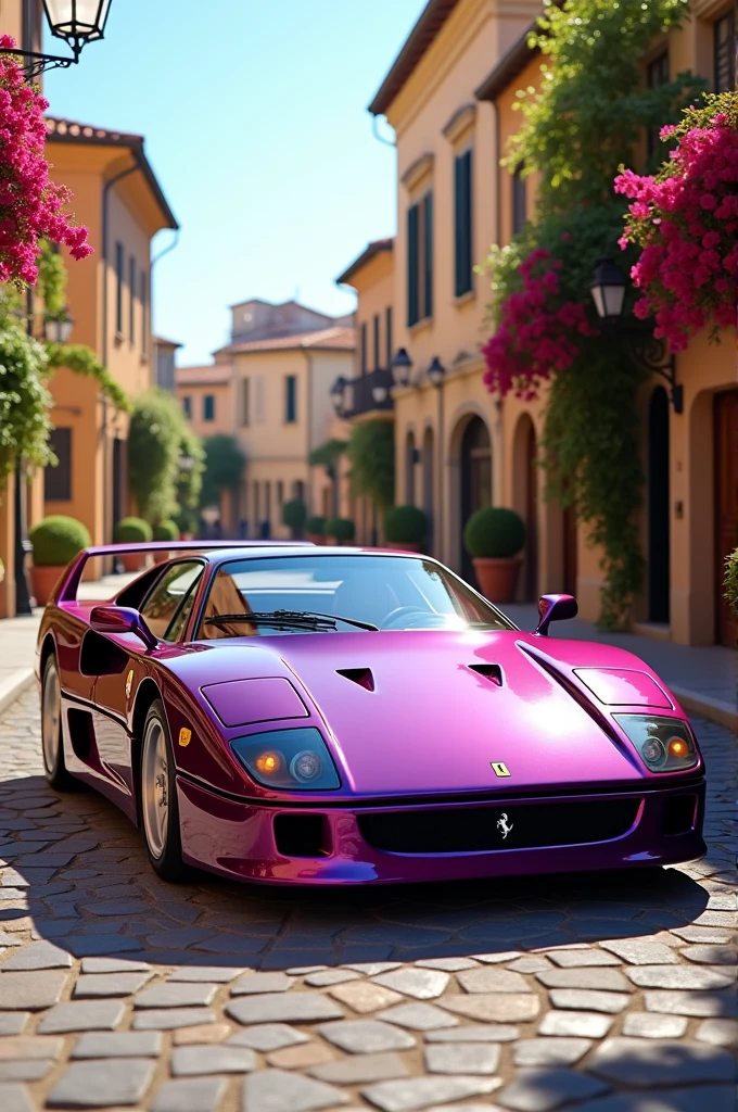 Ferrari F40 couleur aubergine sur une place fleurie a Cagliari 