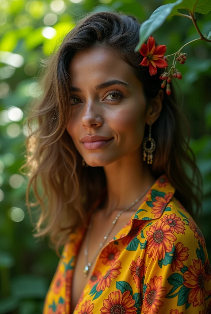 A Brazilian woman in a lush tropical garden, wearing an open shirt with a floral print, with a close-up capturing the harmonious beauty between her breasts and the natural flowers, showing off your natural charm and outgoing personality.