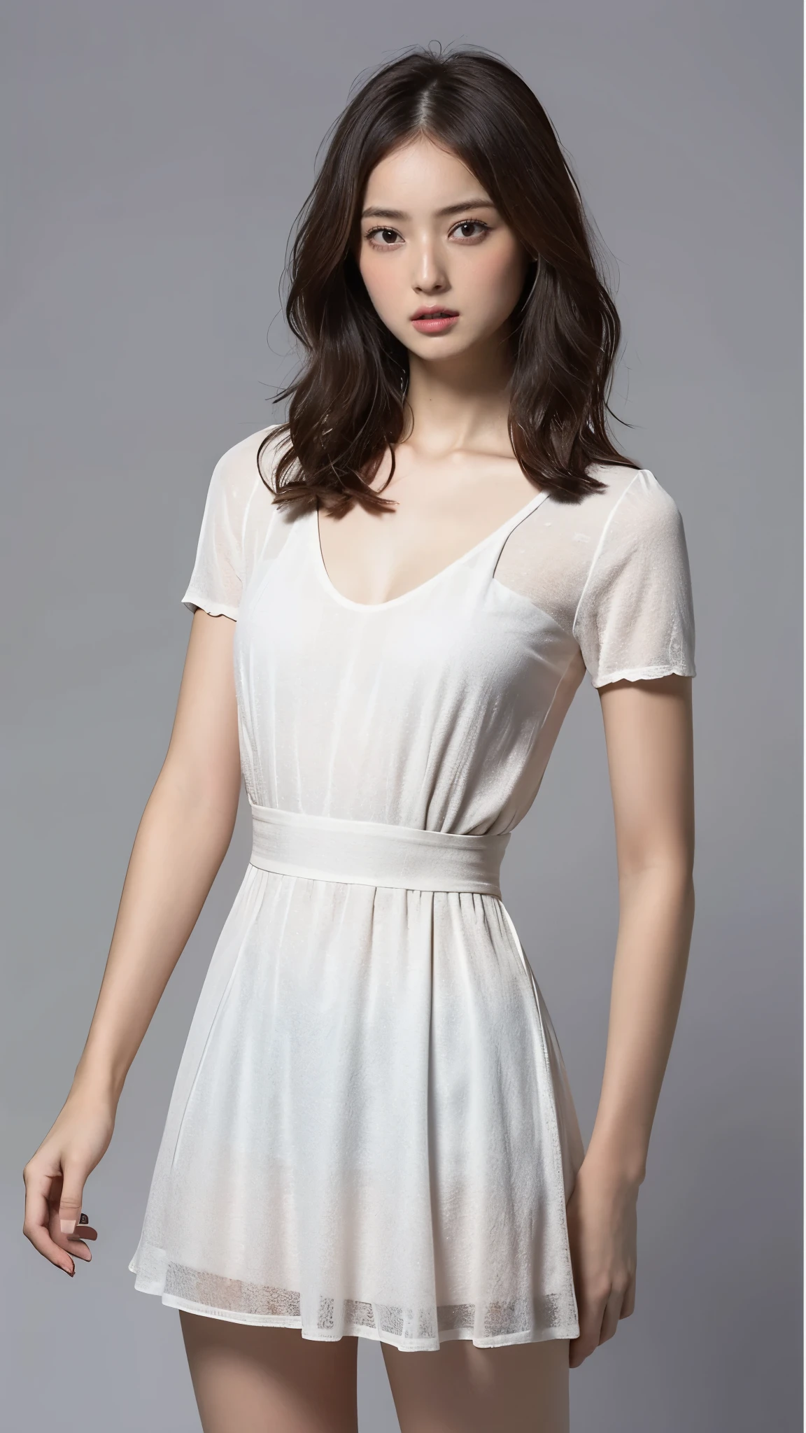 Highest quality,masterpiece,Ultra-high resolution,(Actual:1.4),Original photo,Ultra-high resolution，8K，There are also women，Fair skin、Transparent short-sleeved one-piece white dress ,long length skirts.
Long legs:1.5，Bright and beautiful，high waist，Flashy makeup，Gray background，