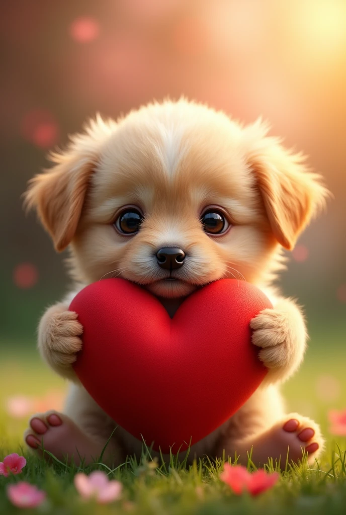 A beautiful puppy giving away a big red heart