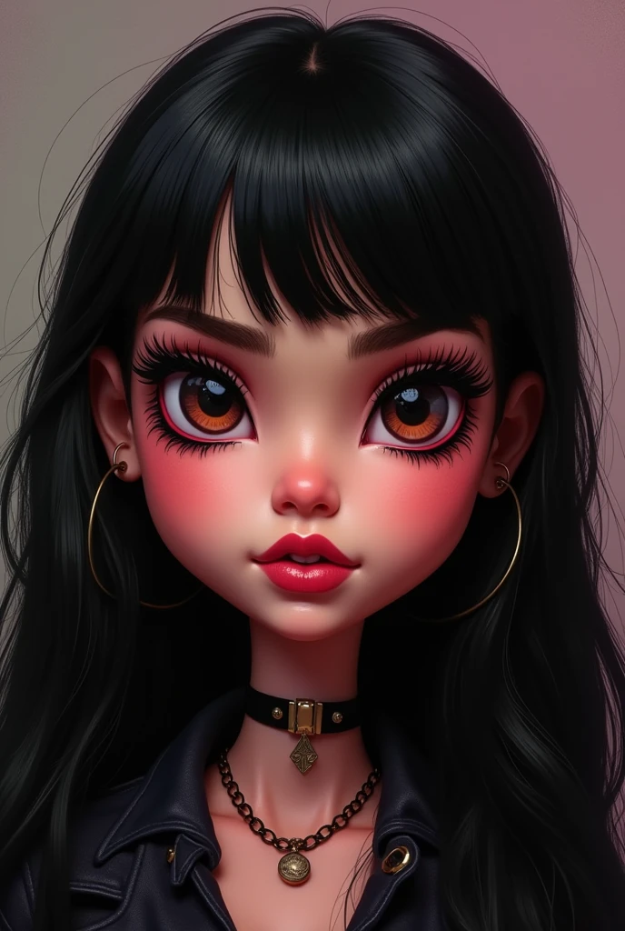 A picture of a black-haired Bratz with brown eyes and pretty eyelashes, a mole on the left above the lip, that he is smoking with red eyes