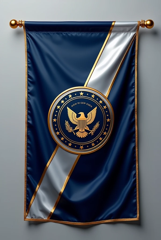 flag:

Flag Design Description:
Overall Shape: The flag is rectangular, with proportions of 3:2, ensuring that it’s visually balanced and suitable for both large displays and smaller representations.

Background Colors: The flag features a deep navy blue background, symbolizing stability and trust. A bold diagonal stripe runs from the top left to the bottom right, in a gradient from metallic silver to platinum, representing progress and cutting-edge technology.

Borders: The flag is bordered by a double trim. The inner border is a rich gold, symbolizing wealth and prosperity, while the outer border is a thin black line, adding a touch of formality and sophistication.

Corporate Emblem Placement: At the center of the flag is the corporate emblem. It is encased within an intricate circular frame, designed in gold and silver intertwining leaves and gears, symbolizing the fusion of nature and industry, growth, and precision.

Corporate Emblem Design:
Central Symbol: At the heart of the emblem is a stylized shield, divided into four quadrants:

Top Left Quadrant: A powerful eagle with its wings spread wide, symbolizing strength and vision.
Top Right Quadrant: An intricate gear and hammer crossed, representing industrial prowess and hard work.
Bottom Left Quadrant: A world globe with a digital grid overlay, symbolizing global reach and technological advancement.
Bottom Right Quadrant: A laurel wreath encircling a torch, signifying victory, honor, and enlightenment.
Surrounding Elements: Encircling the shield are twelve stars, each representing the core values of the corporation, evenly spaced within the circular frame.

Motto Banner: Below the emblem, a flowing banner in platinum color displays the company’s motto in an elegant serif font. The text is in black, providing a sharp contrast and ensuring legibility.

Additional Details: Subtle, ornate filigree patterns in silver weave through the background behind the emblem, adding depth and texture to the design without ove