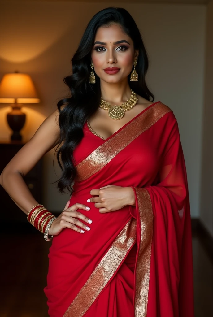 Indian beautiful hot married woman showing big boobs wearing red sexy saree