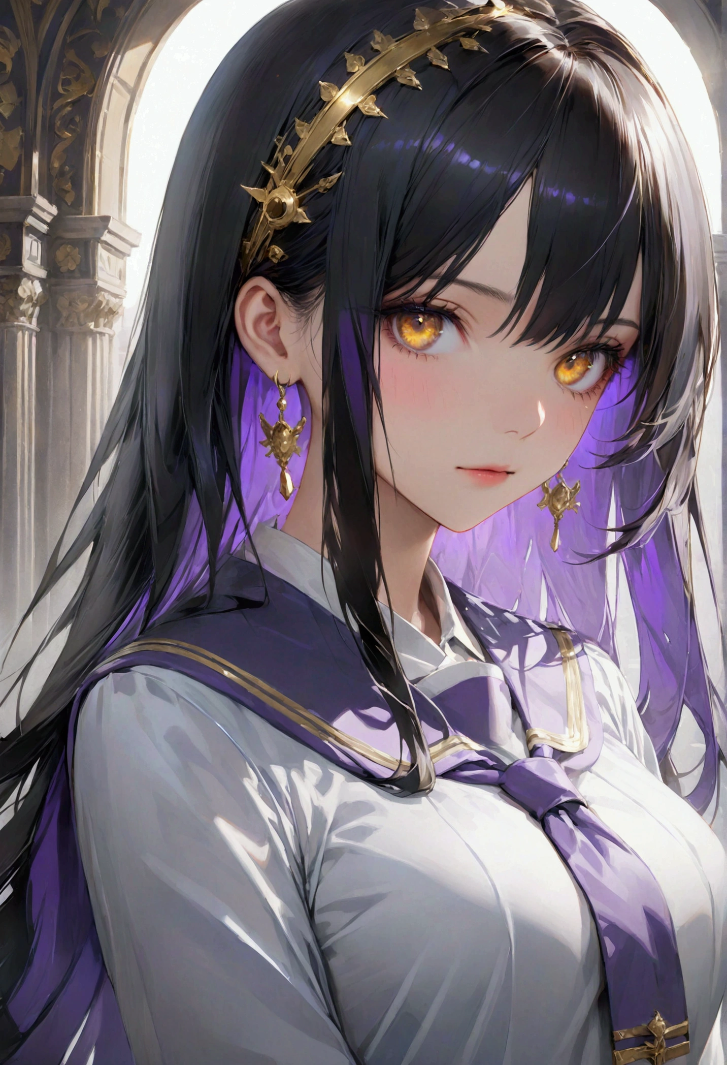 Long smooth straight black hair, inner colored dark-purple hair, golden eyes, academic uniform,masterpiece, super detail, best quality, 8k,semi-realistic