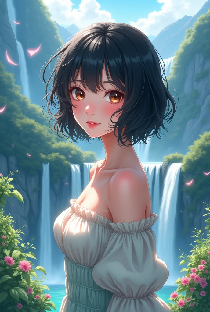 Full view of Beautiful girl, anime style, short wavy black hair, brown eyes, blush, pink lipstick, waterfalls and mountain back ground, bright light with nature with bright sparks and droplets