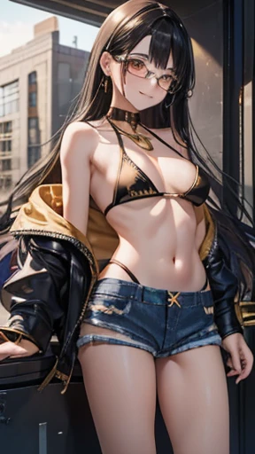 Honor student,Beautiful black hair,long hair,(Straight Hair),high school girl,(boyish),Dark Eyes,Muscular,tall,(Slim body),((A confident smile)),Medium Bust,Black biker jacket,(Gold Bikini:1.3),(High cut denim shorts:1.4),Gold bracelet,Gold earrings,Black-rimmed glasses