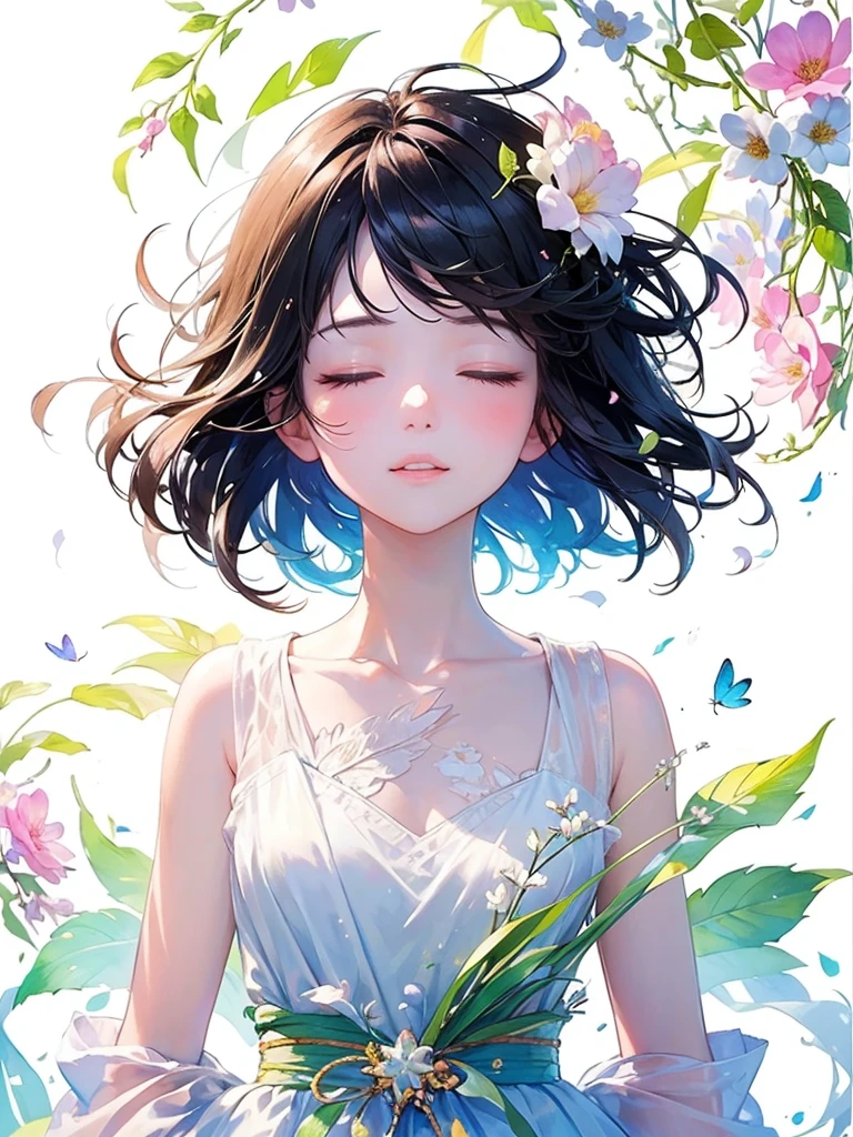 (masterpiece、Highest quality、Highest quality、Beautiful and beautiful:1.2)、Excellent anatomy、(Watercolor painting 1.5)、Long Shot、straight short hair images、Trendy Hair Color, Beautiful Face、Beautiful profile, Looking up to the sky, I close my eyes and pray, Fairy, 蝶のFairyのコスチューム、Pure white、Pure、charm, Colorful flowers of different colors, Flower and leaf wind、Botanical Art,