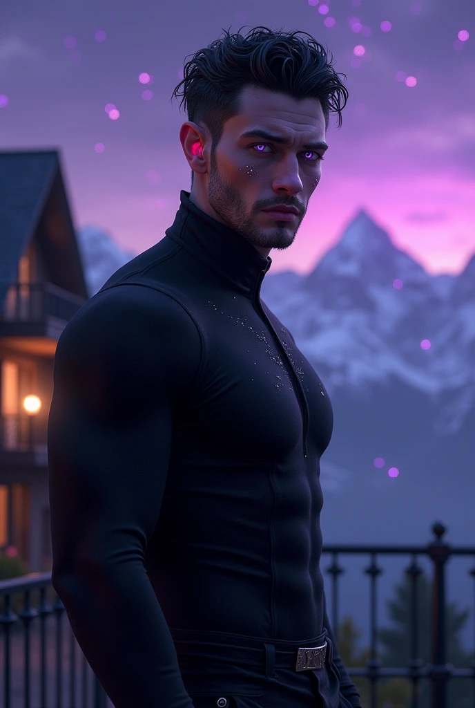 A picture of an extremely handsome man, with pointed ears, purple eyes, full lips, head on,masculine, big, marked jaw , black dress, on a balcony purple night star showers and a background similar to the mountains of Switzerland purple, glowing home light, with sparkles on the face