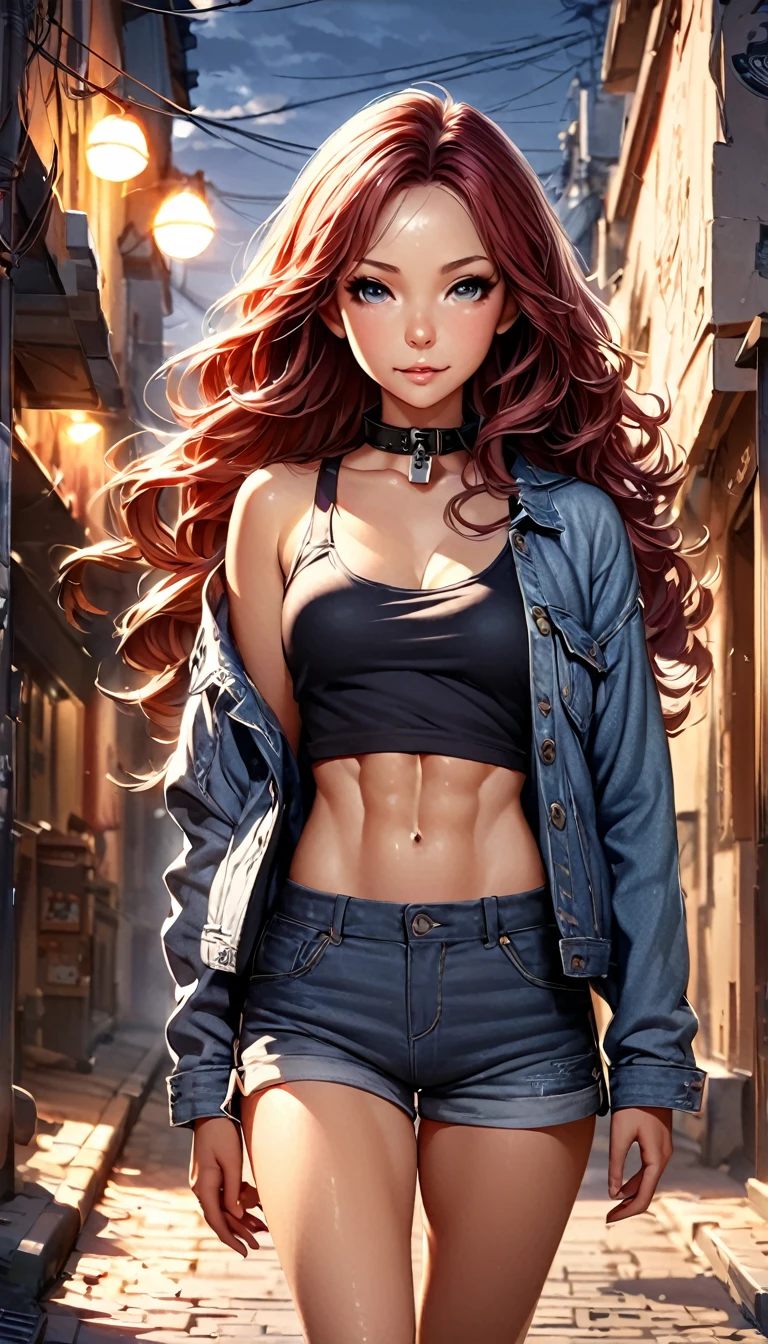 ((Mid-chest, Long Hair, Small Head)), Dawn, sunlight, (Defined Abs: 1.1), (Perfect body: 1.1), (Short Wavy Hair: 1.2), Auburn Hair, collar, Lock, Full body photo, Shabby Street, Wearing a black tank top, Denim jacket, ((Shorts)), (Highly detailed CG 8k wallpaper), (Very delicate and beautiful), (masterpiece), (Highest quality: 1.0), (Super Resolution: 1.0), Beautiful lighting, Perfect Lightning, Realistic Shadows, [High resolution], Detailed Skin, Super detailed