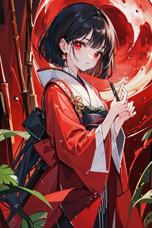 masterpiece, best quality, official art, 8k wallpaper, highly detailed, illustration,Dynamic ink painting of the Japanese bamboo forest, great art, great depth, ground photography, the world's most beautiful bamboo forest, a woman under the red moon (high-quality make-up glamorous earrings with red eyes),Fingers on the lips, It's raining in a very high-quality painting, and the high-quality raindrops are visible