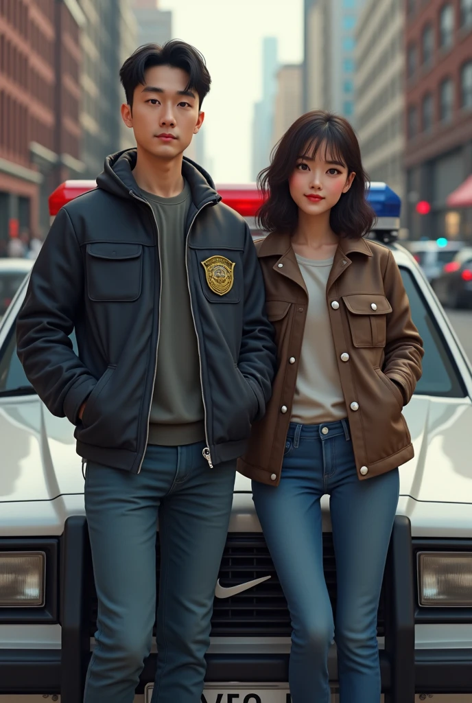 In the background, a Chicago police car. Leaning against it a man and a woman. The man taller than her. Korean man in his 30s with a detective badge in casual clothes. The American woman in her 29s, dark brown eyes and hair, slightly wavy hair.