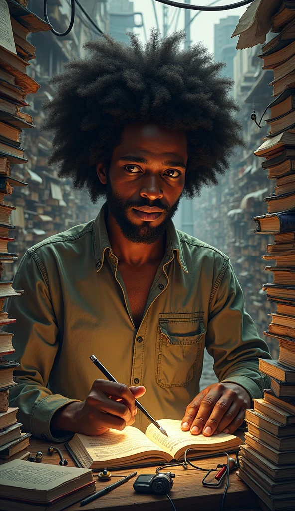 “A black man, slum dweller, with curly hair and a curious look, is surrounded by books, improvised technological tools and devices. He explores several areas of knowledge, from physics to music, in a small space full of creativity. Despite the difficulties around you, your mind is an expanding universe, connecting ideas and creating innovative solutions. He embodies the spirit of a true polymath, determined to transcend the limitations imposed by the environment in which he lives.”