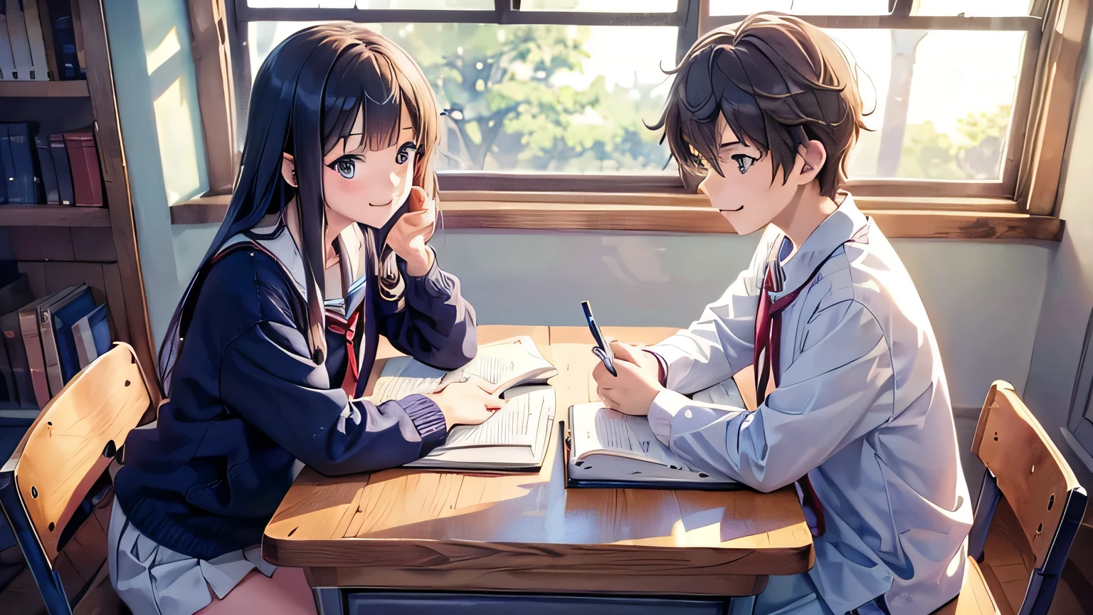 Create an anime-style image set in a bright and cozy library. The scene features two high school students, a boy and a girl, sitting side by side at a wooden desk. Both are wearing traditional Japanese high school uniforms—the boy is dressed in a white shirt with a tie and pants, while the girl is in a sailor-style outfit. They are sitting side by side with open books spread out on the desk in front of them, studying together. Both students are holding pens, writing something in their notebooks while looking at the books on the desk. They are smiling, enjoying each other's company, and the scene captures a warm, cheerful atmosphere. The view is from the front, showing their faces. The background includes large windows revealing a clear summer sky with vibrant blue colors, adding to the fresh and lively ambiance. The bookshelves filled with books emphasize the library setting.