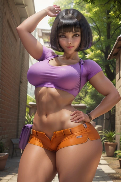 Dora, sexy pose, big breasts, curvy, smile, bob haircut, purple crop top, orange mini shorts, brown skin