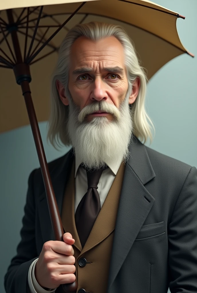 teacher, with straight hair, offwhite, barba, Brown eyes, and umbrella