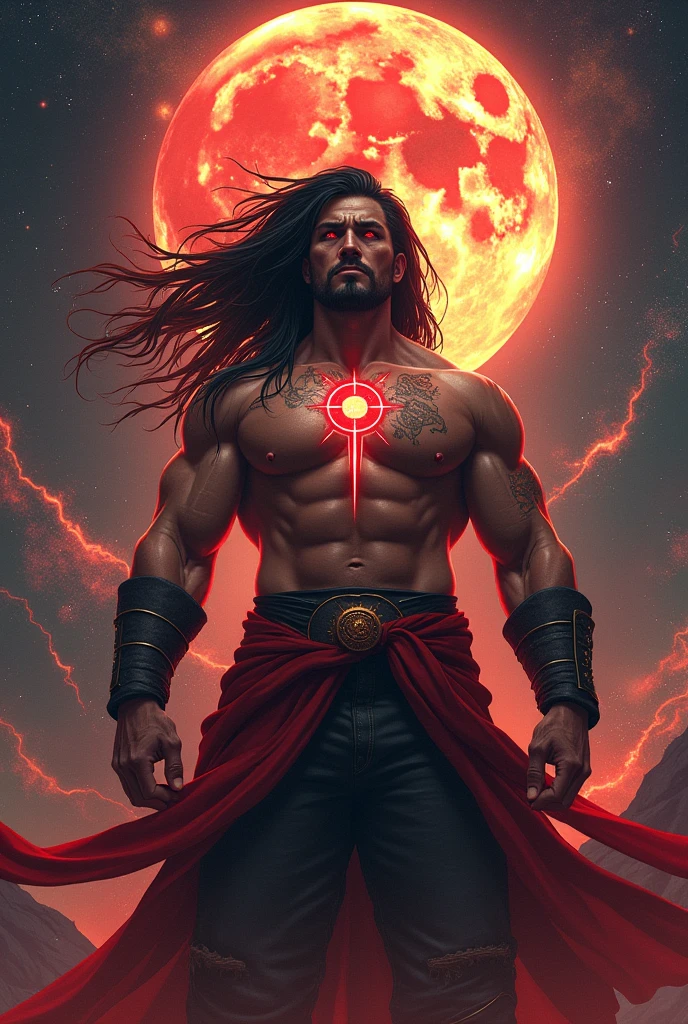 Black haired muscular warrior with red and stars (as if it were the universe), golden eyes like stars, tattoo of a red full moon on his chest and with a defiant look, Behind him you can see the whole universe