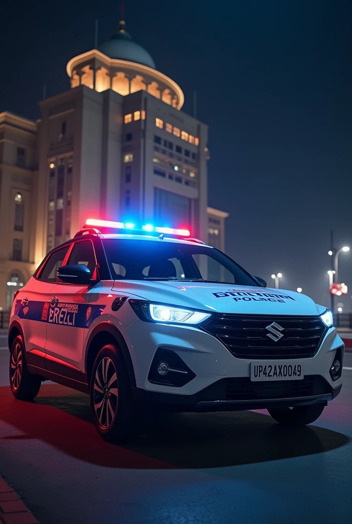 Maruti Suzuki breeza with police light at night infront of a building with number plate UP42AX0049