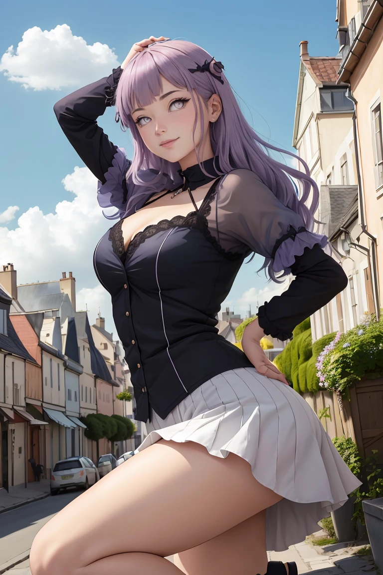 partie maîtresse, absurdités, Hinata\(boruto\), 1 fille, seul,femme mature, Capuche violette,manches superposées, jean marron, En plein air, ciel nuageux, composition parfaite, lèvres circonstancielles, grande poitrine, joli visage, Proportion du corps, rougir, (Lèvres roses), Les cheveux cours et noirs (PAR LE NOIR), Yeux lilas, aspect lisse, super réaliste, détaillé, séance photo, visage et corps réalistes, cheveux réalistes, yeux réalistes, nez réaliste, lèvres réalistes, jean marron, reconforté, Danser légèrement. sur ton dos, avec le menton sous l&#39;épaule, regarder en arrière avec sensualité, sourire sexy, bouche fermée. pose différente.