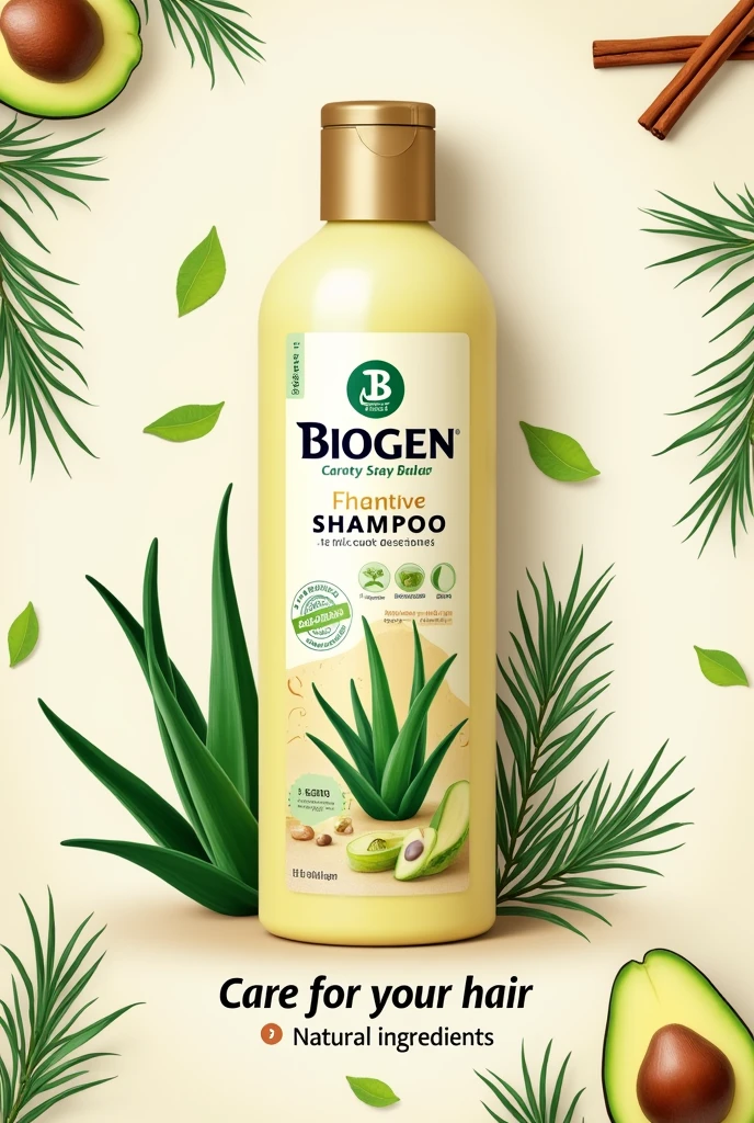 shampoo label on poster, that has BioGen as its brand , below the brand the description , care for your hair , Below this description it says natural ingredients and below it a drawing of three Aloe Vera leaves ,Two bunches of rosemary on the sides and avocado seed and cinnamon