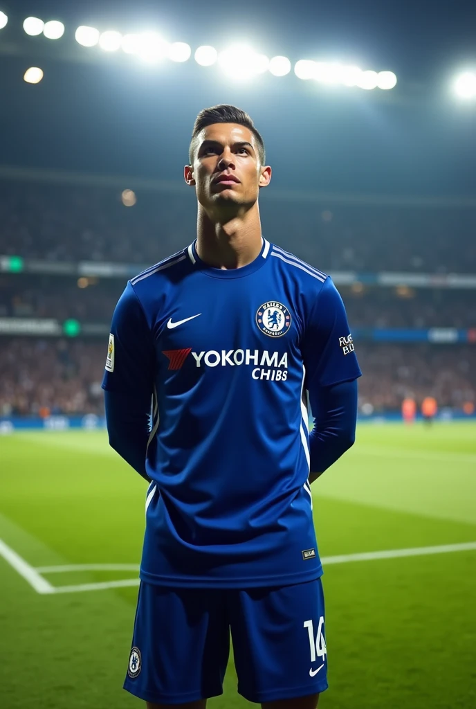 Cristiano Ronaldo posing with the Chelsea shirt on the pitch