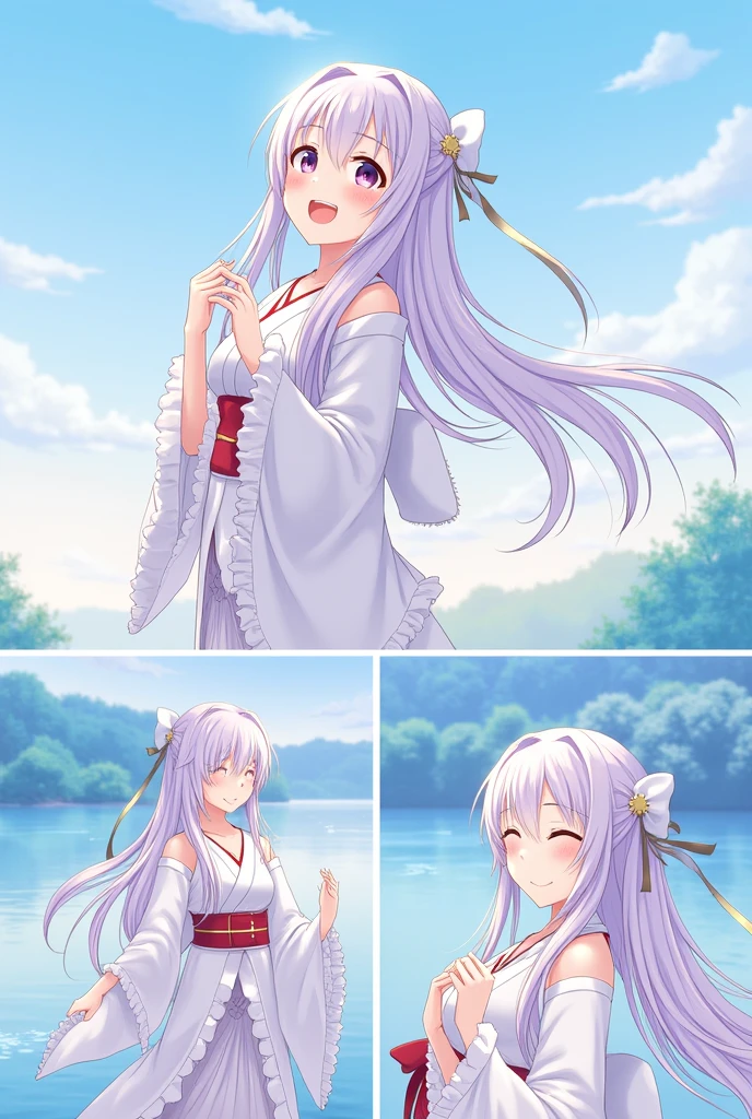 Anime Style、high resolution、超high resolution、beauty、Character Settings： 「Idolmaster Cinderella Girl」、beautiful girl、Camera Position：whole body、expression：Light purple eyeshadow on the eyes、A kind smile、Body Type：slim、clothing：kimono、Long frilly sleeves、Frifry skirt、head：White ribbon、hair ornaments、character:Calm atmosphere、background：lake、Multiple poses、bonus：blue sky。(She happily raises her hand）。