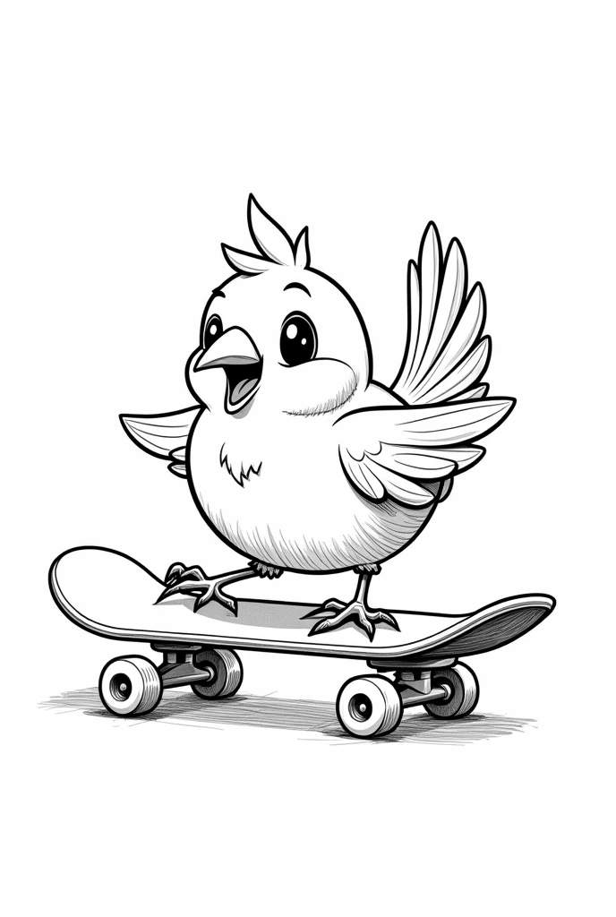 happy sparrow playing with skateboard, coloring page for kids, cartoon style, clean line arthigh detalled, no background, empty background, white, black,coloring book, sketchbook, realistic sketch, freelines, on paper, character sheet, 8k blackborder.
