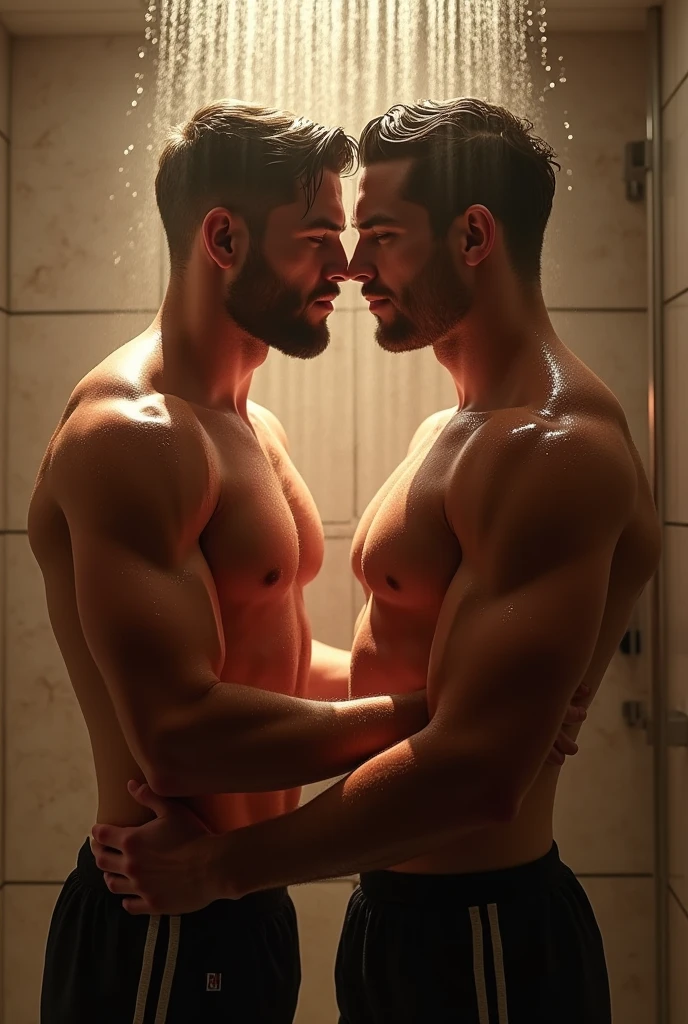 Boxers men in love taking a shower 
