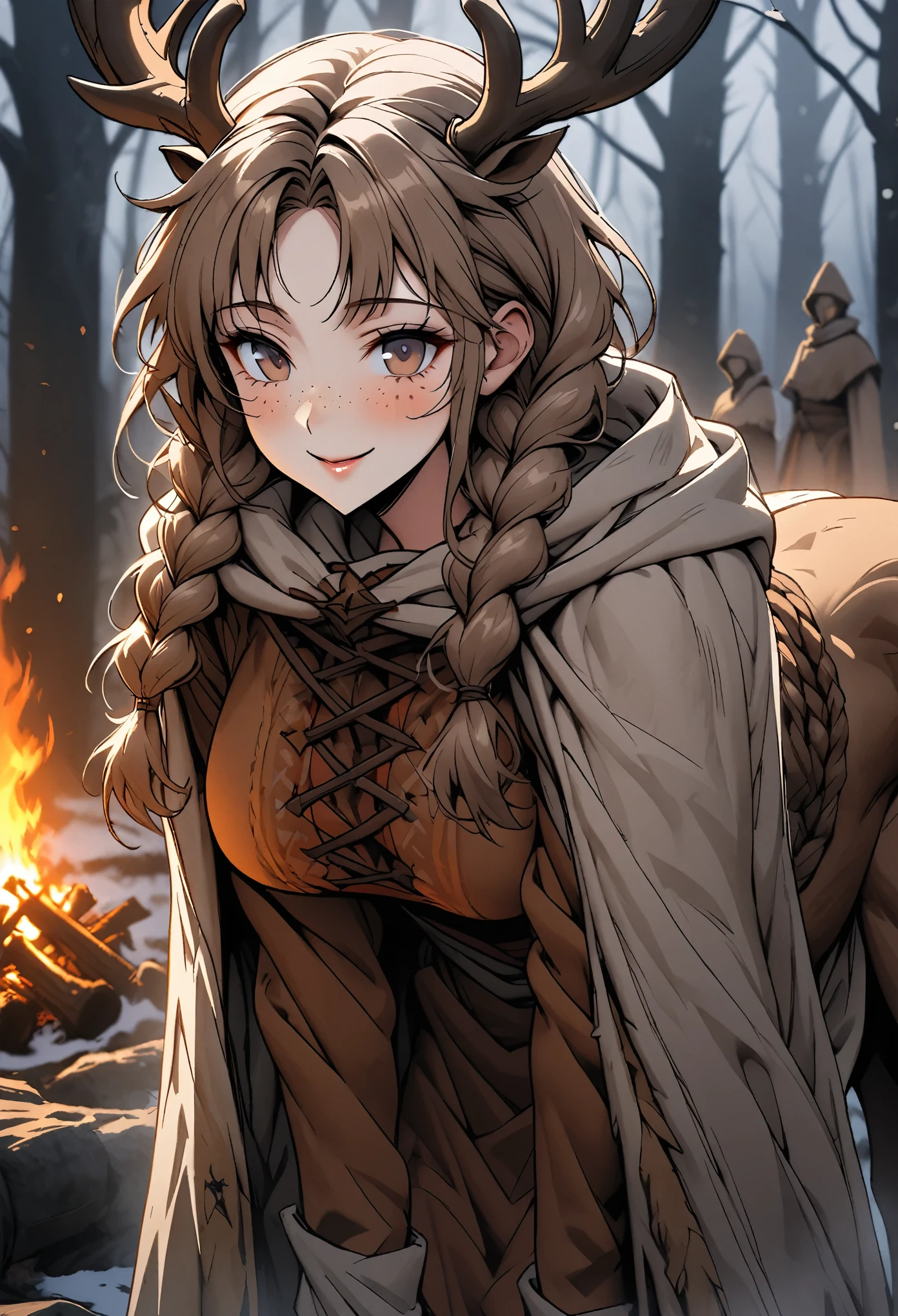 Solo, female, close up, long brown hair, wild hair, deer antlers, huge woman, brown eyes, cape and winter clothes, winter, forest, freckles, smile, ((deertaur)), villager clothes, medieval, deer body, deer lower body, lugagge, braids, undressing, leaning forward, blush, romantic, dark, bonfire