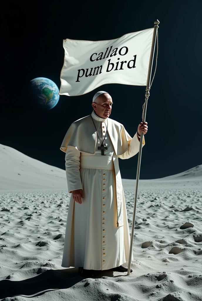 A realistic photo of Pope Francis, on the moon with a white flag that says:
CALLAO PUM BIRD