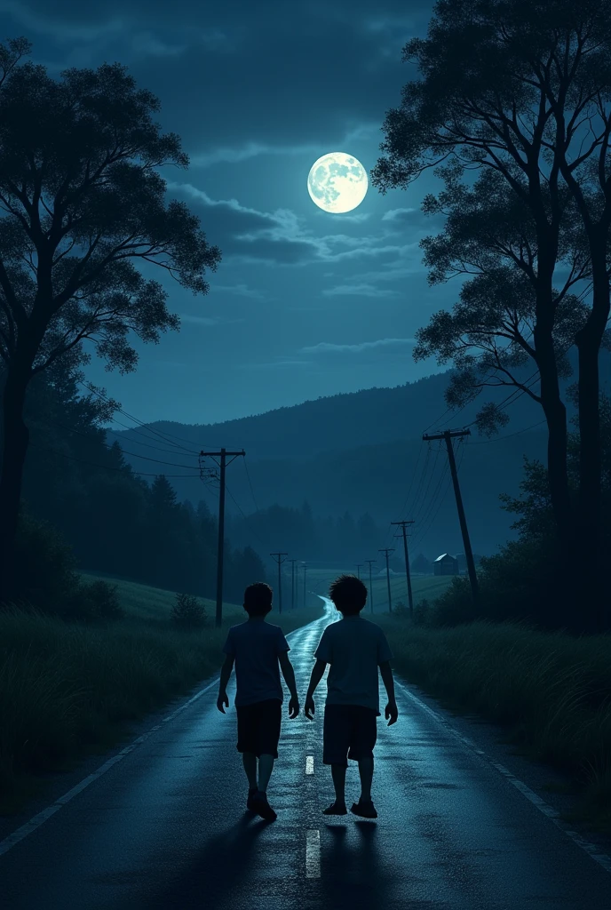 Two boys on dark road in countryside