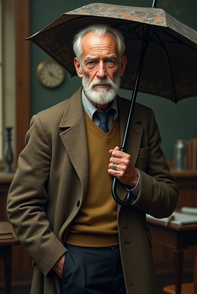 teacher with 25 years, with straight hair, offwhite, barba, Brown eyes, and umbrella