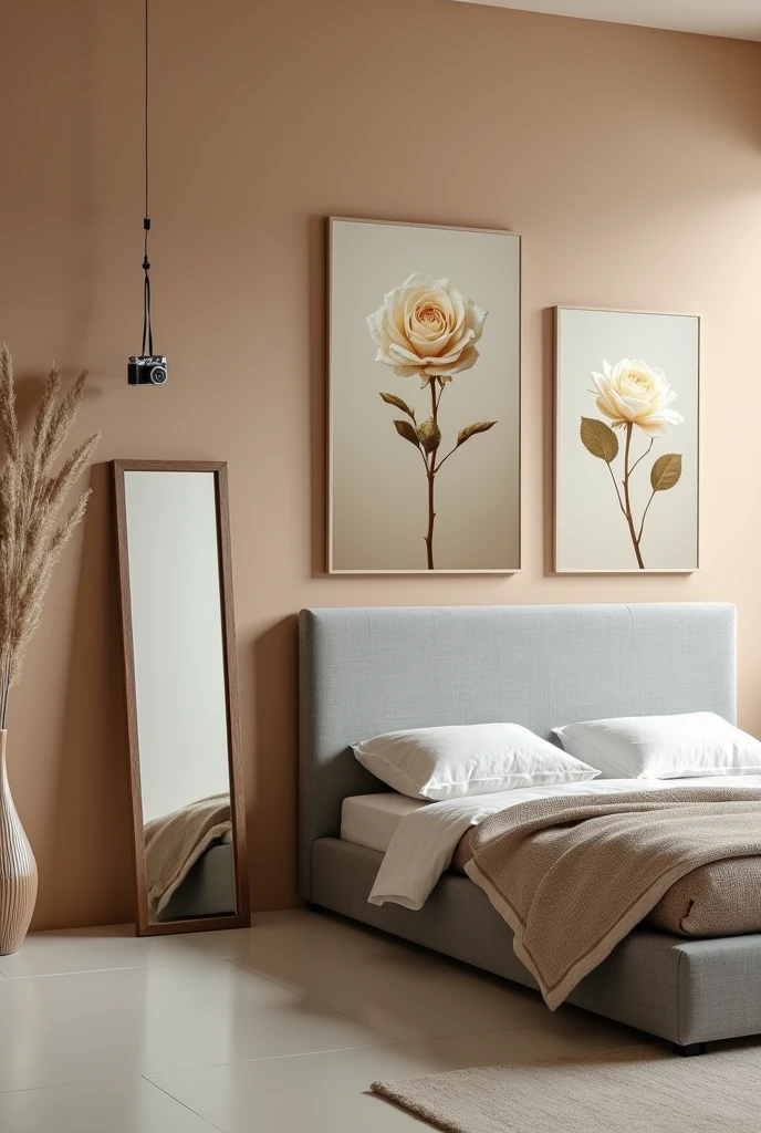 A room with beige walls, the grey bed the headboard . A floating mirror next to the full-length bed, On the same wall where the headboard is attached, above the headboard, there are some large pictures of nude-colored roses without windows and the camera on one side is attached to the wall