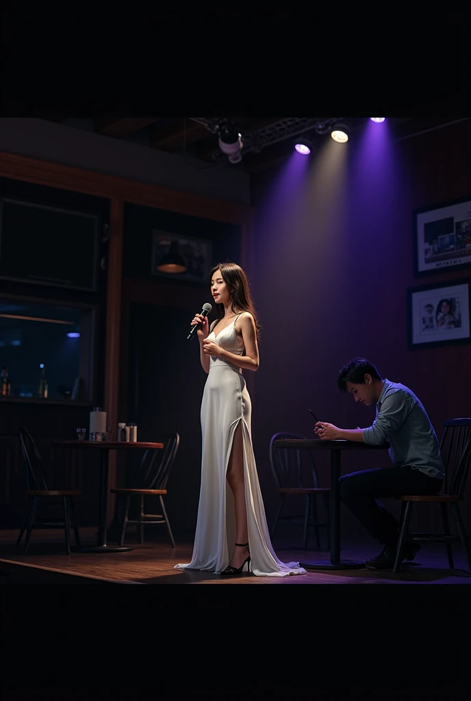 create an image where a woman with delicate features is singing on a stage in a bar, she wears a long white dress, with slit in the leg, the hair is brown and long to the hips. facing her, sitting at one of the bar tables is a Korean man, wearing casual clothes admiring the woman&#39;s presentation. The bar is intimate, with purple low lights