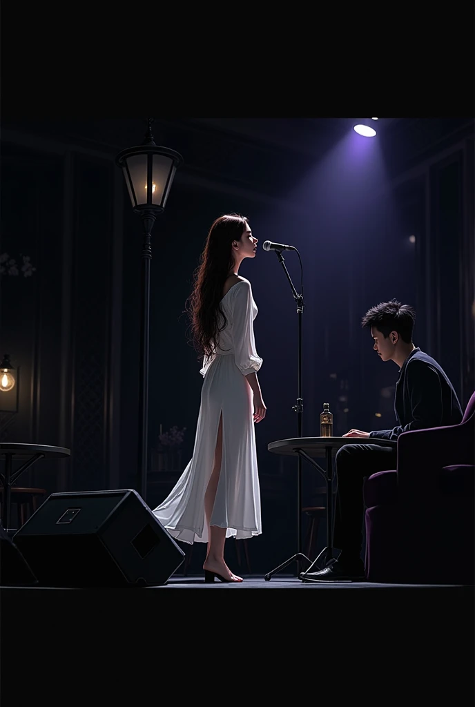 create an image where a woman with delicate features is singing on a stage in a bar, she wears a long white dress, with slit in the leg, the hair is brown and long to the hips. facing her, sitting at one of the bar tables is a Korean man, wearing casual clothes admiring the woman&#39;s presentation. The bar is intimate, with purple low lights