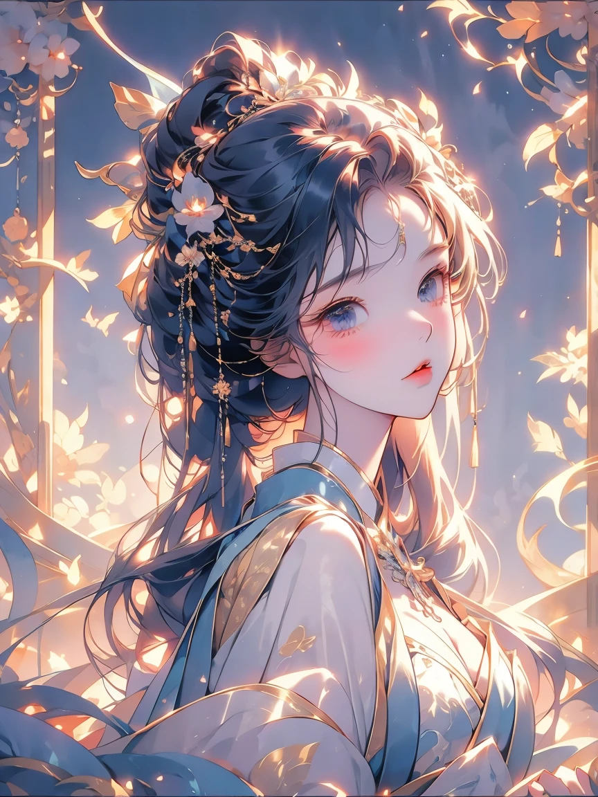 young woman in light summer dress sunset glow , warm evening light end of summer atomosphere , soft breeze , nostalgic mood , golden hour , high quality detailed The gesture of gently brushing back hair The neck feels cool Looking up at the sky at dusk Watercolor art that evokes the changing of the seasons It has a bit of the feel of a carefully layered ink painting. Elegant and sexy Late summer Japan Soft ink lines portfolio