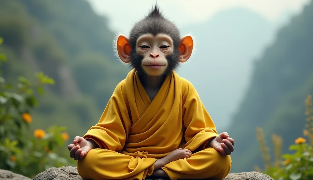 Young monkey meditate look like monk yellow shirt and smile
