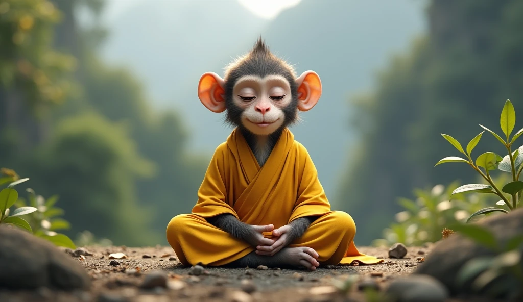 Young monkey meditate look like monk yellow shirt and smile 