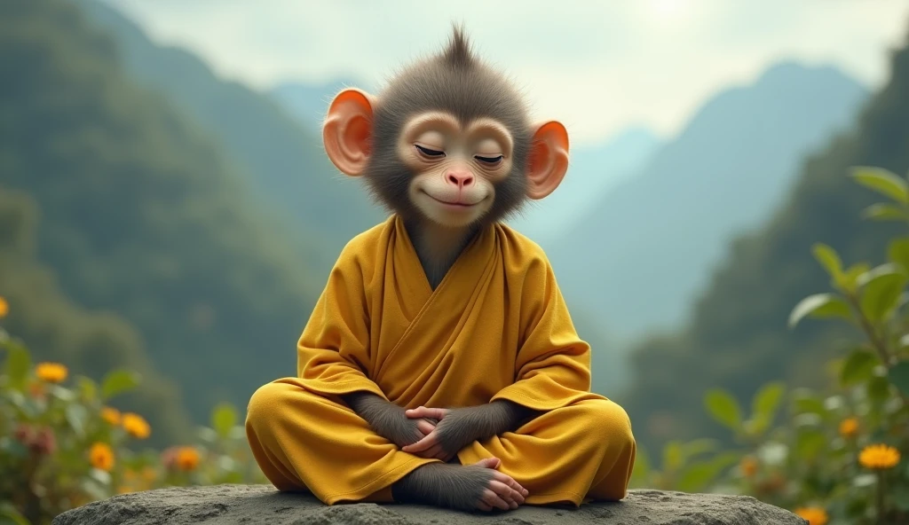 Young monkey meditate look like monk yellow shirt and smile