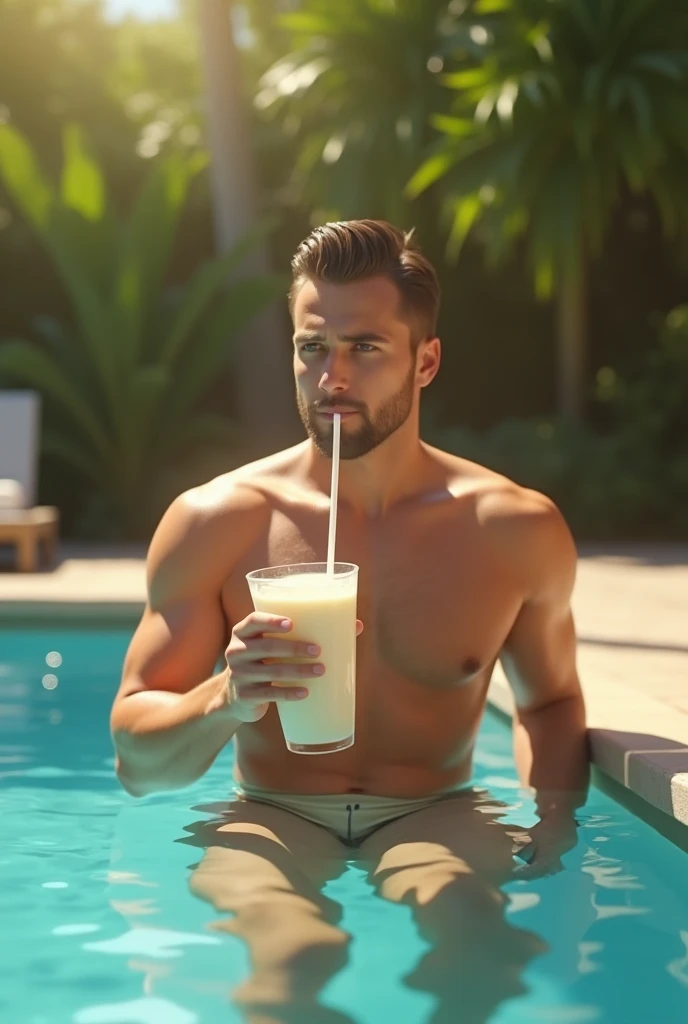 A  white/brown guy in the pool enjoying the view in shorts and no shirt, while drinking a delicious condensed milk juice, but it ends up running a little 