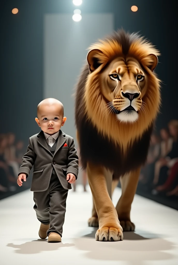 create an image of a boy walking in Fashion show with right side a lion also walking, realistic, best quality