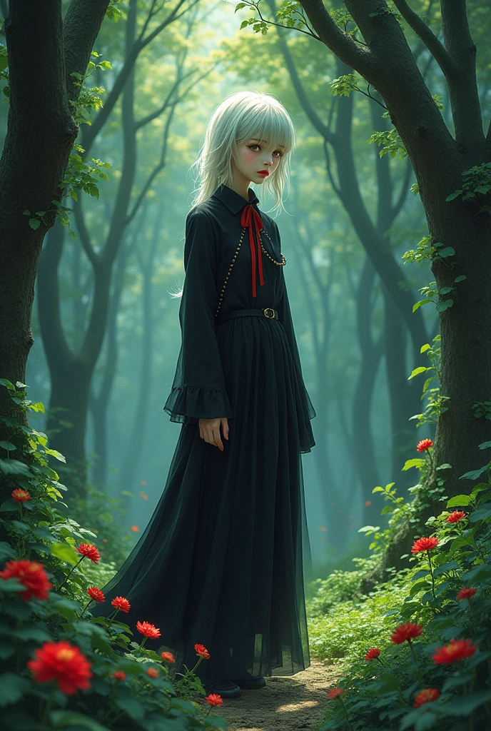 (work of art:1.2) (best qualityer) (detailded),1 ,standing alone,otoko no ko,, rimuru storm, lrd1, out, forest fashion-g,red lip,