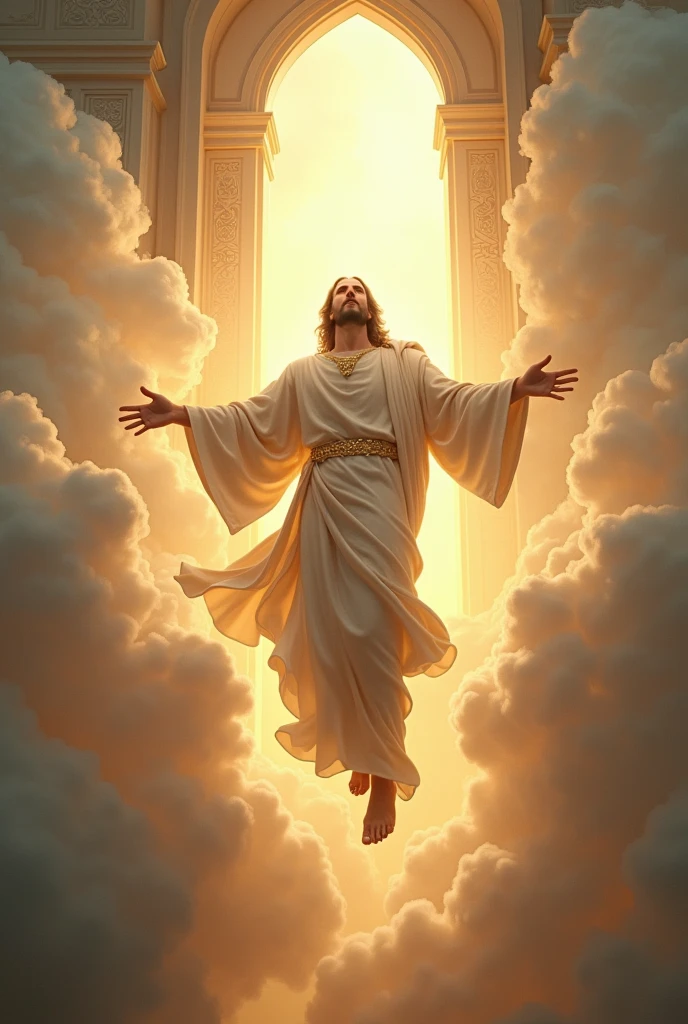 masterpiece, jesus christ, ascending to heaven, half body, ((divine light)), ethereal, clouds, back lighting, realistic portrait, symmetrical, strong, complex drawing, highly detailed, digital painting, art station, concept art, smooth, sharp focus, illustration, on the background of paradise gate, cinematic lighting, artgerm and greg rutkowski and alphonse mucha works 8k Diamond dress