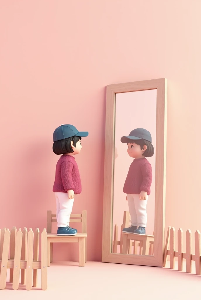 A small standing in corner ,bounded with small wooden fences ,light pink large area background, she is with dark pink sweater and white pant and blue shoes and cap on the head and looking herself in the mirror which is kept to wall,and the girl is standing in the chair